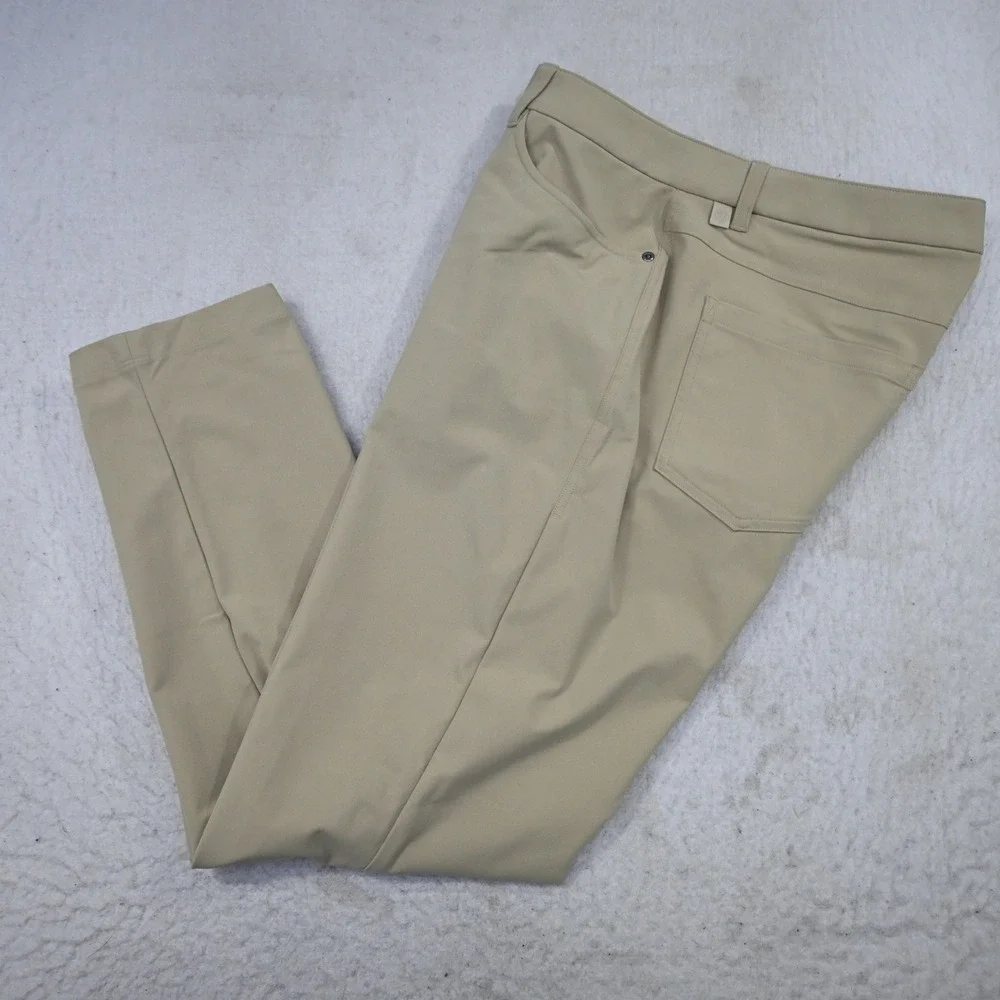 Lululemon Commission Pant Mens 34 x 30 Slim Tan Warpstreme 5 Pocket Hidden Zip